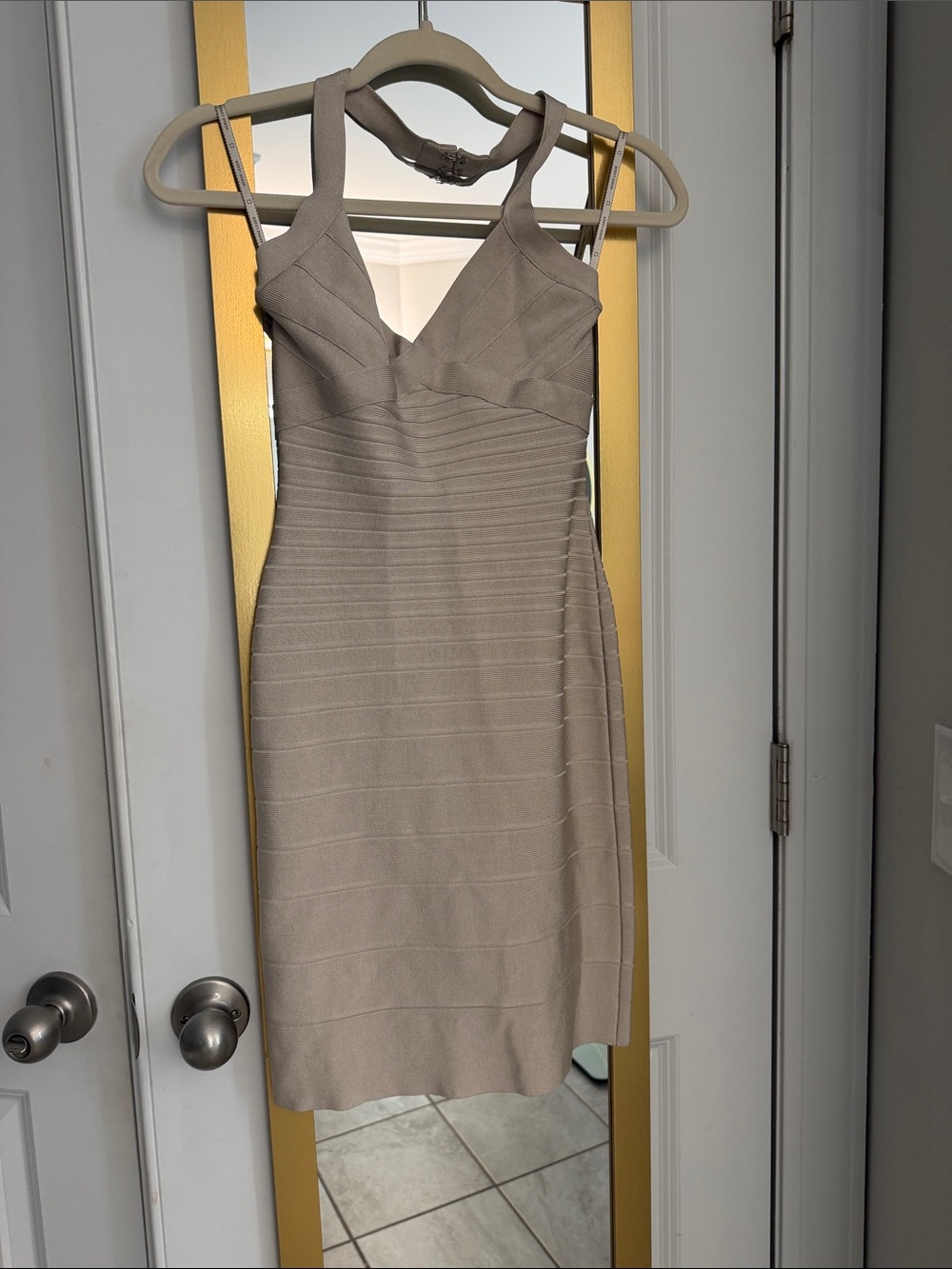 Herve Leger Taupe Bandage V-Neck Midi Dress